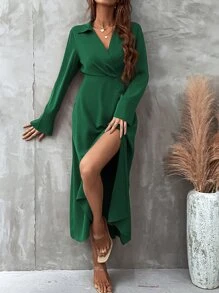 SHEIN Clasi Solid Ruched Detail Fake Button Split Thigh Dress