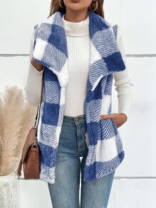 SHEIN LUNE Abrigo chaleco con patrón de cuadros de cuello cascada de franela - Azul - Ver 1