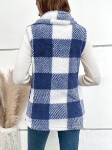 SHEIN LUNE Abrigo chaleco con patrón de cuadros de cuello cascada de franela - Azul - Ver 2