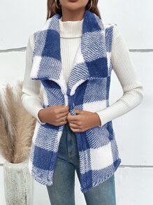 SHEIN LUNE Abrigo chaleco con patrón de cuadros de cuello cascada de franela - Azul - Ver 5