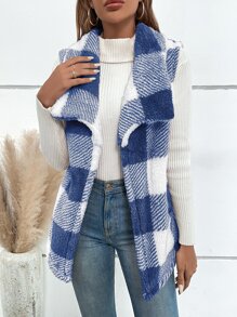SHEIN LUNE Abrigo chaleco con patrón de cuadros de cuello cascada de franela - Azul - Ver 6