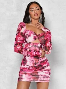 SHEIN BAE Vestido ajustado con estampado floral con abertura fruncido - Multicolor - Ver 4