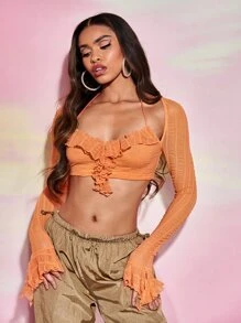 SHEIN BAE Ruffle Trim Tie Backless Crop Top - Orange - View 1