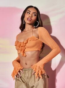 SHEIN BAE Ruffle Trim Tie Backless Crop Top - Orange - View 3