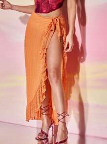 SHEIN BAE Falda de pareos bajo con fruncido - Naranja - Ver 1