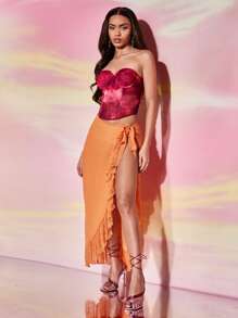 SHEIN BAE Falda de pareos bajo con fruncido - Naranja - Ver 5