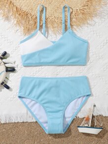 Tween Girl Color Block Bikini Set Summer Beach - Blue and White - View 1