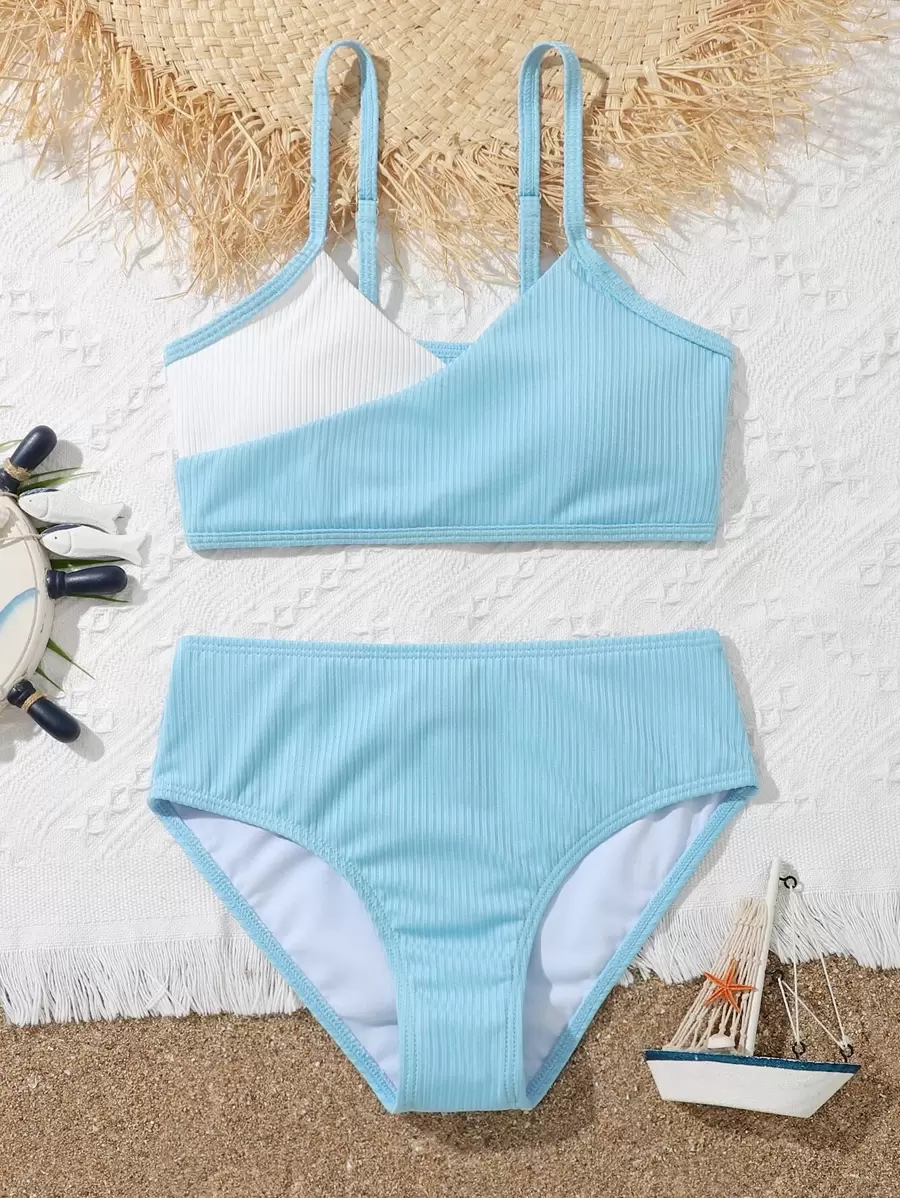 Tween Girl Color Block Bikini Set Summer Beach - Blue and White - View 1