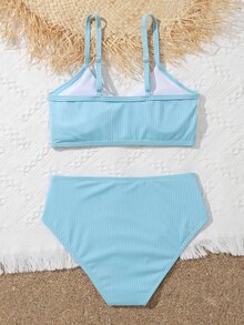 Tween Girl Color Block Bikini Set Summer Beach - Blue and White - View 2