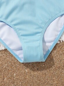 Tween Girl Color Block Bikini Set Summer Beach - Blue and White - View 4