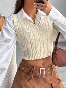 SHEIN EZwear Áo dệt kim nữ Cáp đan màu trơn Giải trí - Màu be - Xem 4