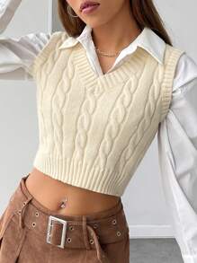 SHEIN EZwear Áo dệt kim nữ Cáp đan màu trơn Giải trí - Màu be - Xem 3