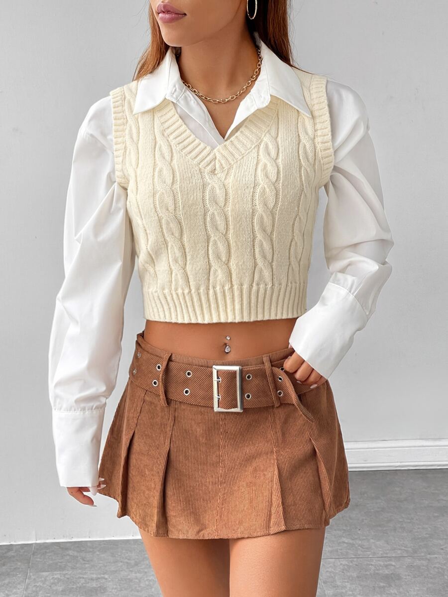 SHEIN EZwear Áo dệt kim nữ Cáp đan màu trơn Giải trí - Màu be - Xem 1
