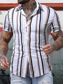 Manfinity Homme 男士豎條紋前排扣襯衫 - 白色 - 查看 1