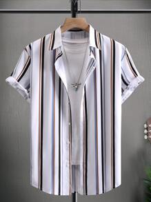 Manfinity Homme 男士豎條紋前排扣襯衫 - 白色 - 查看 3