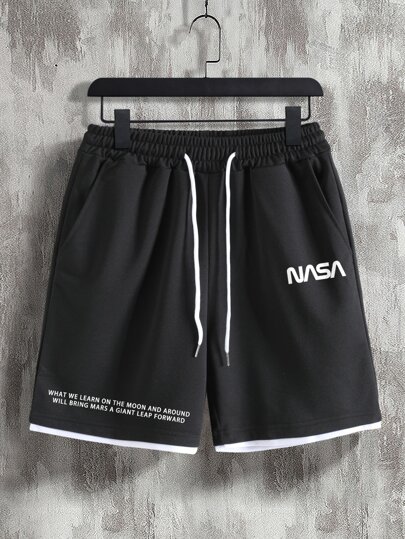 Guys Slogan Graphic Drawstring Waist Shorts