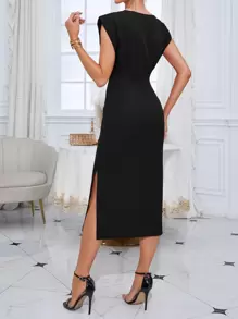 Modelyn Zip Back Slit Hem Dress Maxi Women Outfit Long Evening Dresses - Black - View 2