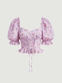 SHEIN MOD Ditsy Floral Print Lace Up Front Ruffle Hem Blouse - Lilac Purple - View 2