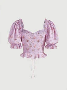SHEIN MOD Ditsy Floral Print Lace Up Front Ruffle Hem Blouse - Lilac Purple - View 7