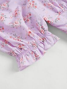 SHEIN MOD Ditsy Floral Print Lace Up Front Ruffle Hem Blouse - Lilac Purple - View 6