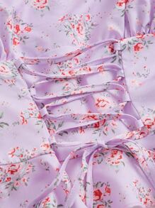 SHEIN MOD Ditsy Floral Print Lace Up Front Ruffle Hem Blouse - Lilac Purple - View 5