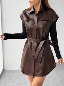 SHEIN EZwear Button Front Belted PU Leather Vest Coat - Chocolate Brown - View 3