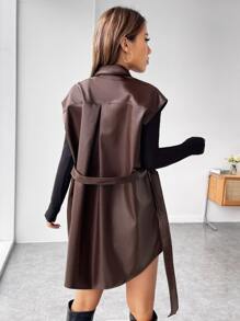 SHEIN EZwear Button Front Belted PU Leather Vest Coat - Chocolate Brown - View 2