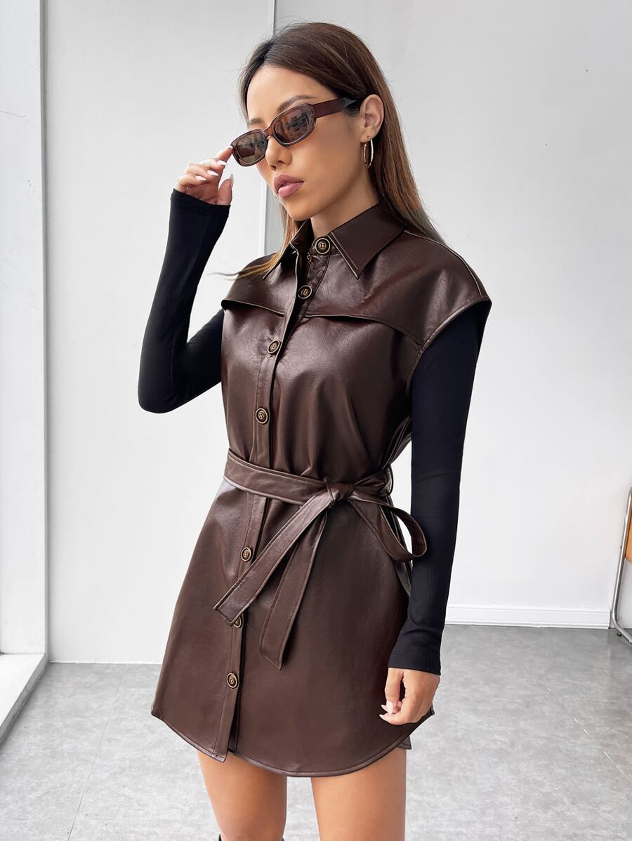 SHEIN EZwear Button Front Belted PU Leather Vest Coat - Chocolate Brown - View 1