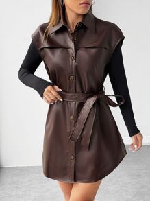 SHEIN EZwear Button Front Belted PU Leather Vest Coat - Chocolate Brown - View 4