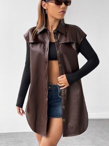 SHEIN EZwear Button Front Belted PU Leather Vest Coat - Chocolate Brown - View 5