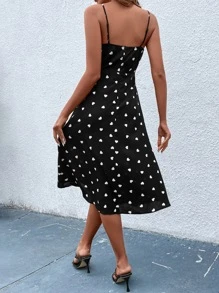 SHEIN VCAY 愛心圖案褶邊高衩吊帶連衣裙 - 黑色 - 查看 3