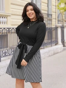 SHEIN Unity 大碼千鳥格印花腰帶拼接洋裝 - 黑與白 - 查看 5