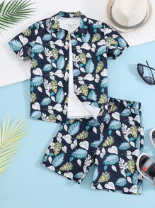 Boys Tropical Print Shirt & Shorts With Tee - Multicolor - View 1