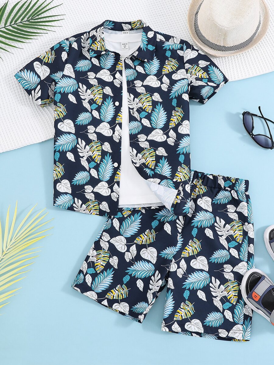 Boys Tropical Print Shirt & Shorts With Tee - Multicolor - View 1