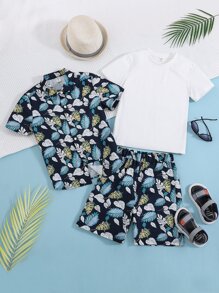 Boys Tropical Print Shirt & Shorts With Tee - Multicolor - View 3