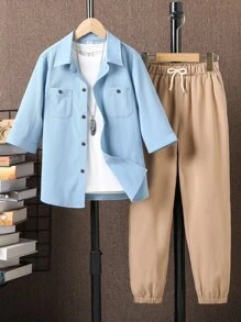 男孩雙口袋襯衫和腰部抽繩長褲不帶T恤 - 彩色 - 查看 1