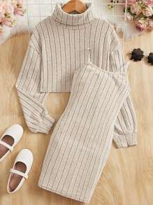 SHEIN 女孩高領落肩袖短款上衣和連衣裙 - 杏色 - 查看 1