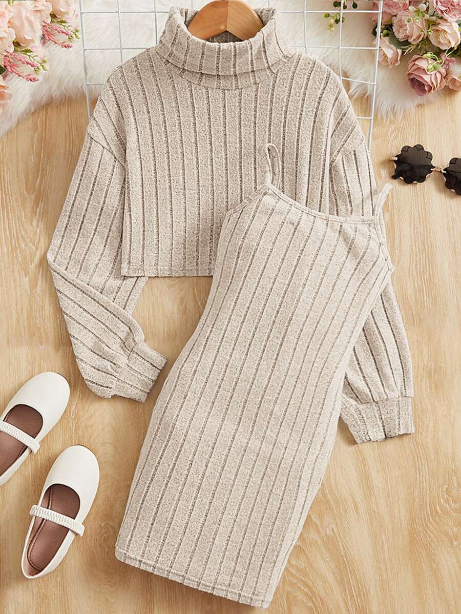 SHEIN 女孩高領落肩袖短款上衣和連衣裙 - 杏色 - 查看 1