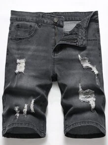 Manfinity Hombres Shorts en mezclilla desgarro crudo - Gris Oscuro - Ver 1