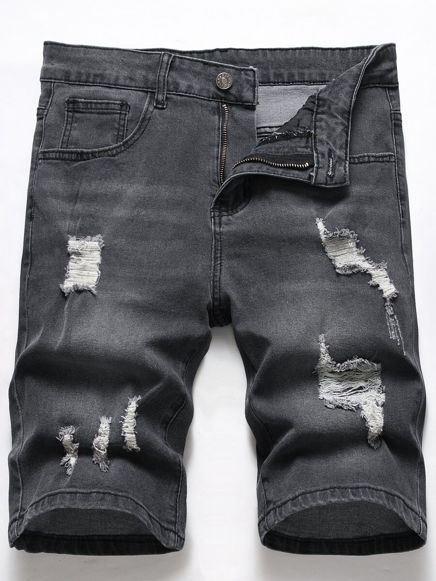 Manfinity Hombres Shorts en mezclilla desgarro crudo - Gris Oscuro - Ver 1