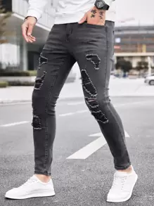 Manfinity Hombres Jeans ajustados desgarro - Gris Oscuro - Ver 1