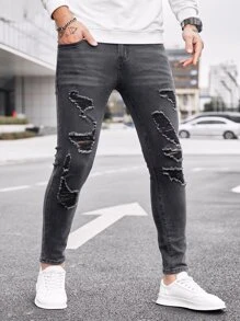 Manfinity Hombres Jeans ajustados desgarro - Gris Oscuro - Ver 3