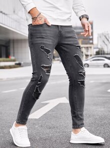 Manfinity Hombres Jeans ajustados desgarro - Gris Oscuro - Ver 6