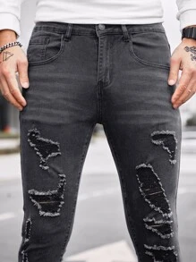 Manfinity Hombres Jeans ajustados desgarro - Gris Oscuro - Ver 7