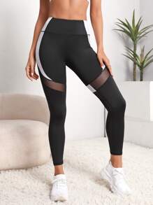 Gameset SHEIN Sport Colourblock Mesh Insert Wideband Waist Sports Leggings - Black - View 3