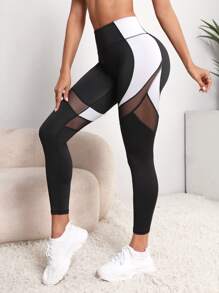 Gameset SHEIN Sport Colourblock Mesh Insert Wideband Waist Sports Leggings - Black - View 4