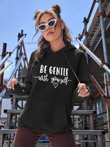 SHEIN EZwear Heart & Slogan Graphic Kangaroo Pocket Drop Shoulder Drawstring Hoodie - Black - View 3