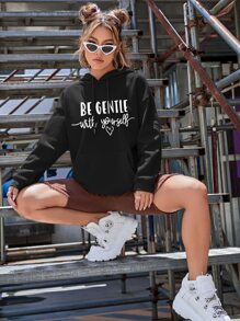 SHEIN EZwear Heart & Slogan Graphic Kangaroo Pocket Drop Shoulder Drawstring Hoodie - Black - View 5