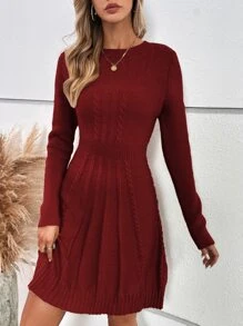 SHEIN Unity Cable Knit Jumper Dress - Burgundy - View 6