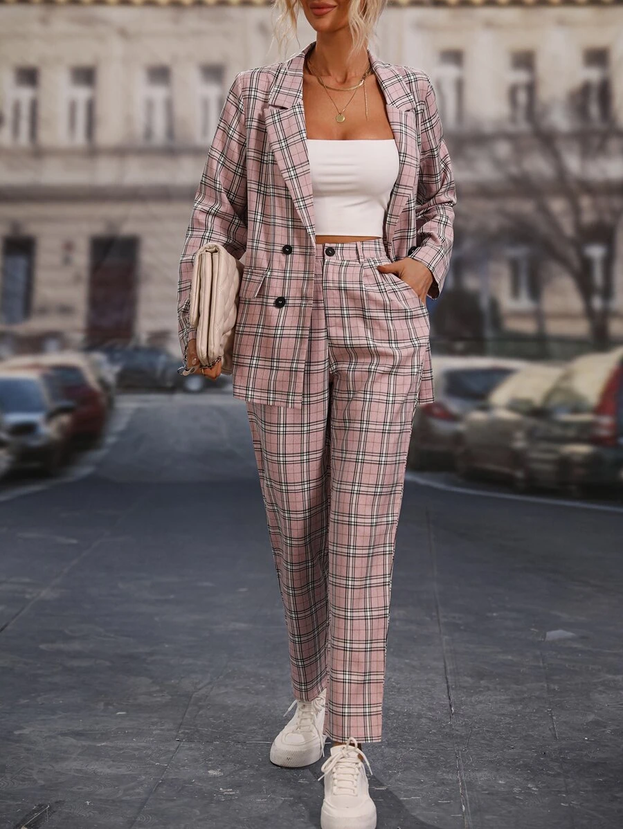 SHEIN Clasi Plaid Print Double Breasted Blazer & Trousers - Dusty Pink - View 1
